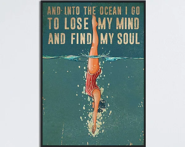 Swimming Girl Vintage Ocean Quote Wall Art Print