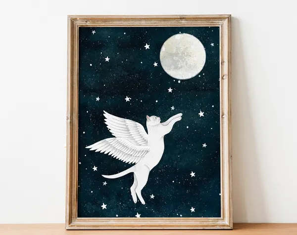 Cat Angel Moon Art Print, Nursery Wall Decor