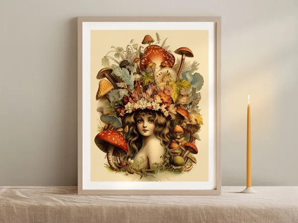 Vintage Mushroom Girl Botanical Art Print, Whimsical Decor