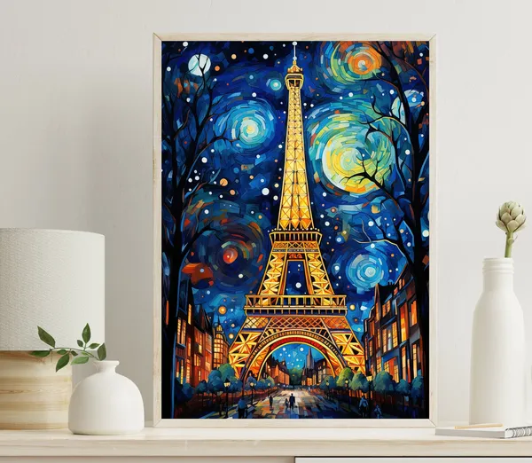 Eiffel Tower in Paris Night Travel Poster Print