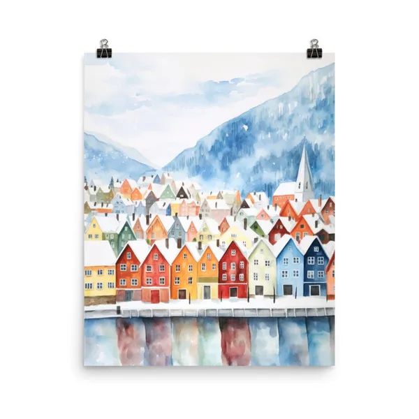 Bergen Watercolor Travel Poster, Norway Cityscape