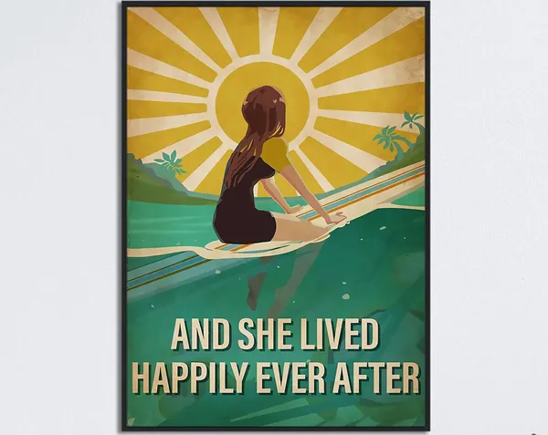 Girl Ocean Surfing Vintage Beach Wall Art Print