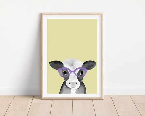 Cow With Glasses Funny Farm Animal Art Print, Nursery