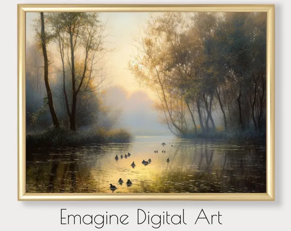 Lake With Ducks At Sunrise, Vintage Landscape Art Print
