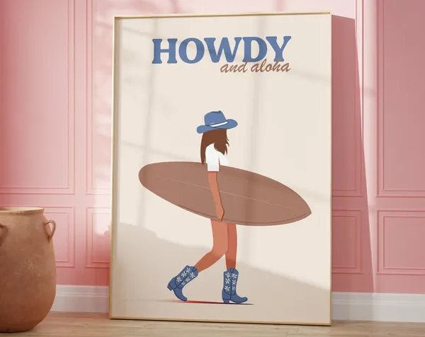 Coastal Cowgirl Howdy Girly Art Print, Surf Girl