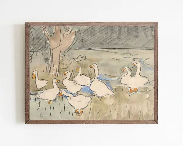 Vintage Geese Watercolor Art Print, Farmhouse Nursery