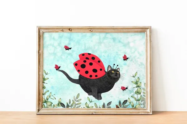 Black Cat Art Print, Funny Nursery Kids Room Decor