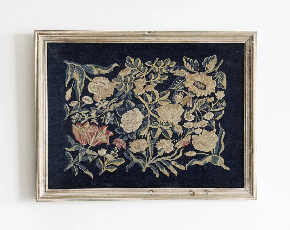Vintage Textile Wall Art, Blue Floral Tapestry Print
