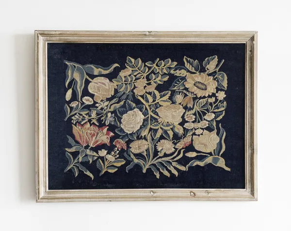 Vintage Textile Wall Art, Blue Floral Tapestry Print