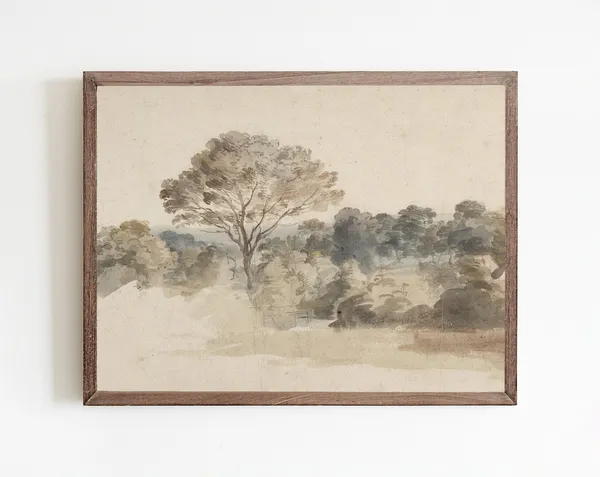 Vintage Tonal Landscape, Farmhouse Forest Art Print