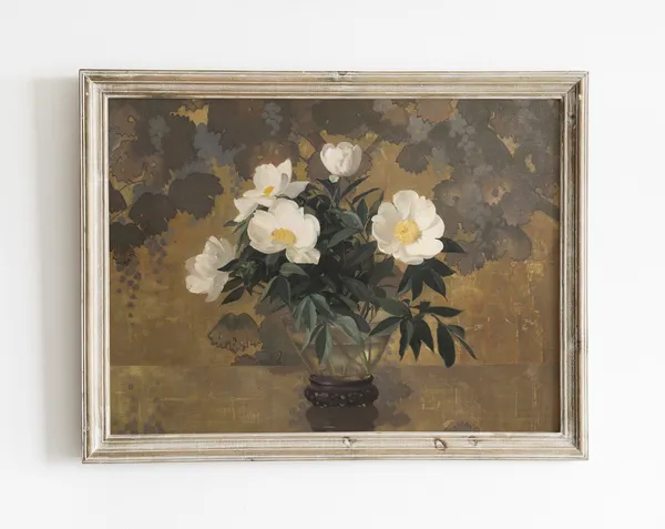 Vintage Gold Peony Floral Art Print, Antique Bouquet