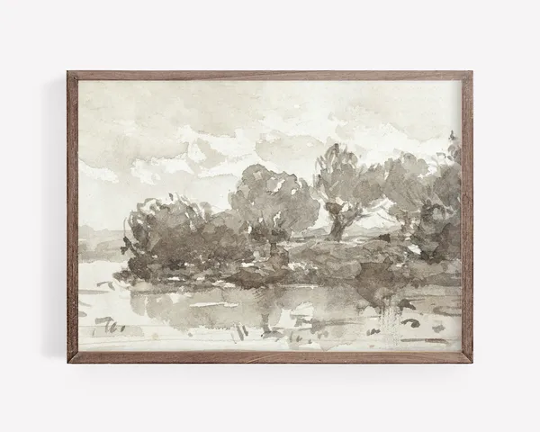 Vintage Autumn Landscape Art Print, Neutral Country