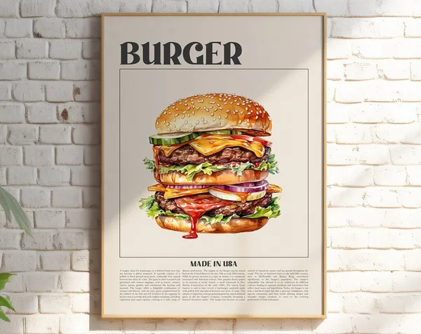 Retro Burger Vintage Hamburger Art Print for Kitchen