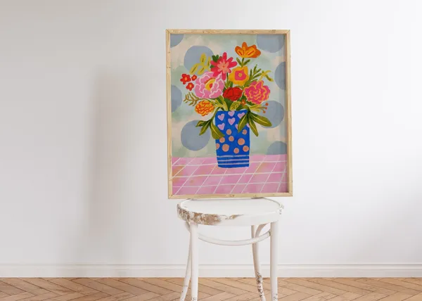 Colorful Flowers in Vase Gouache Floral Art Print
