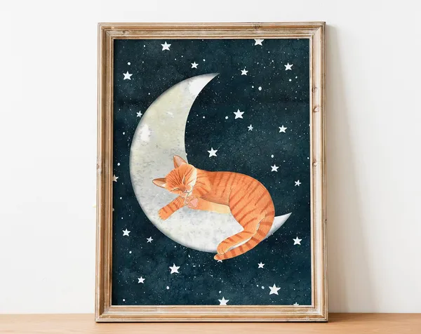Ginger Cat Moon Art Print, Nursery Decor