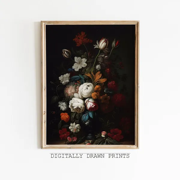 Dark Floral Painting, Moody Vintage Rose Art Print