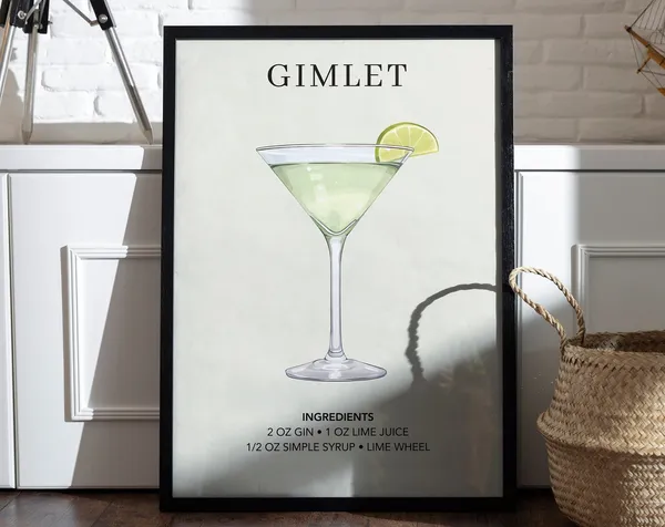 Gimlet Watercolor Retro Drink Poster, Bar Cart Decor
