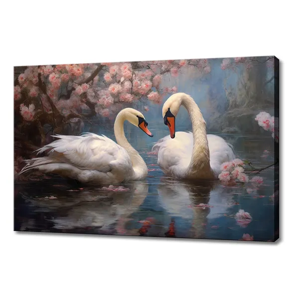 Swans Couple in the Lake, Spring Scene Art Print