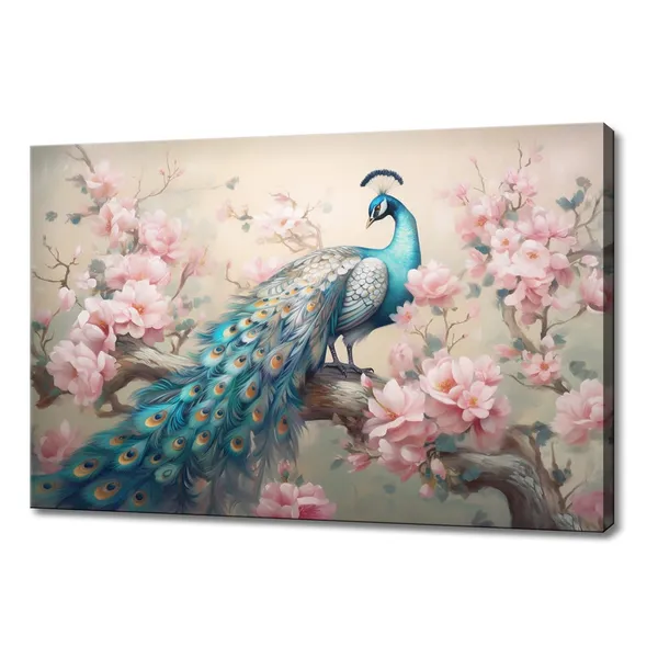 Peacock and Cherry Blossom Tree Art Print, Spring Scene