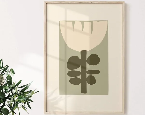 Sage Green Minimalist Flower Print, Botanical Art