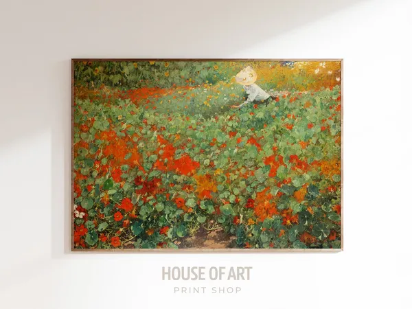 Woman in Flower Garden, Plein Air Oil Painting Print