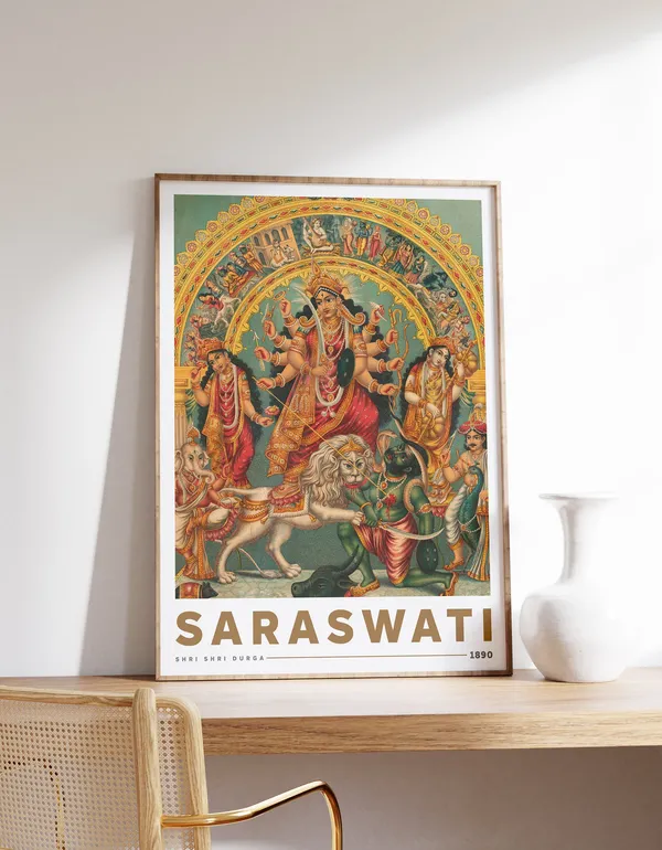 Shri Durga With Mahisha, Vintage Hindu Art Print