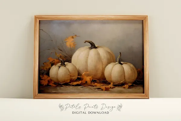 Vintage Pumpkin Still Life Painting Rustic Autumn Wall Art