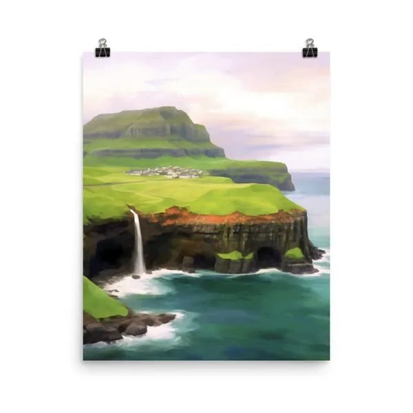 Gasadalur Watercolor Print, Faroe Islands Landscape