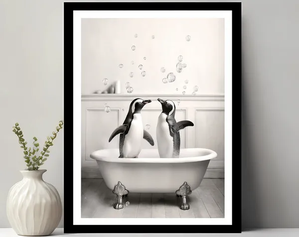 Cute Penguins In Tub Bathroom Animal Humor Print