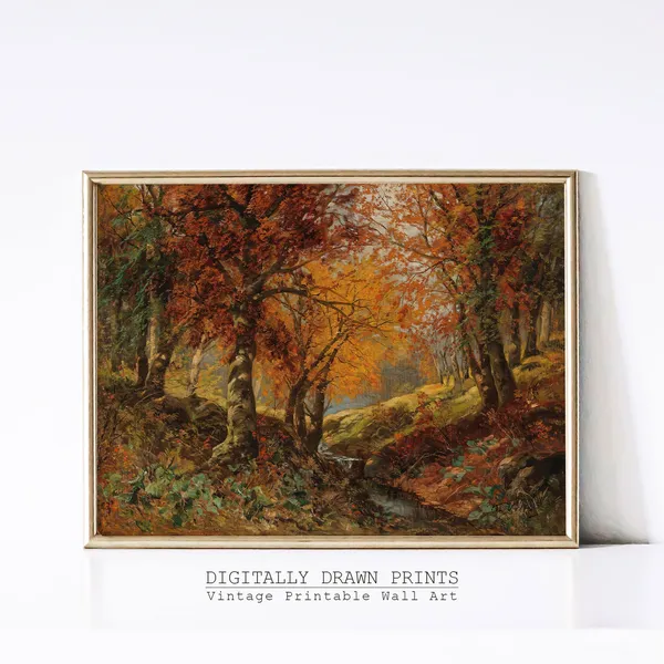 Antique Autumn Painting, Vintage Rustic Fall Art Print