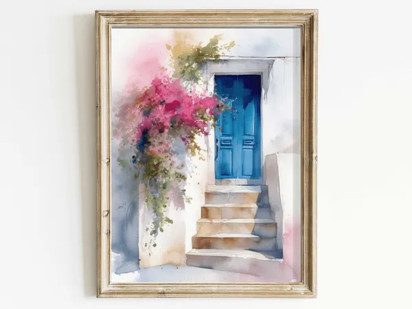Santorini Blue Door Travel Poster, Greek House Decor