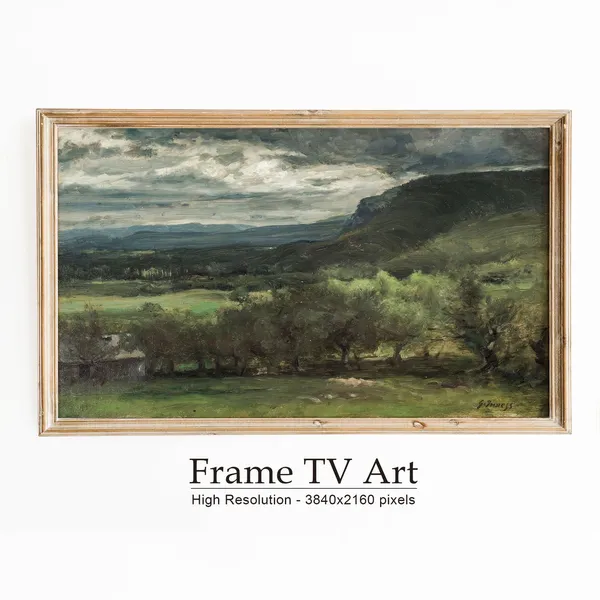Moody Landscape Field Painting, Vintage Oil Art Print