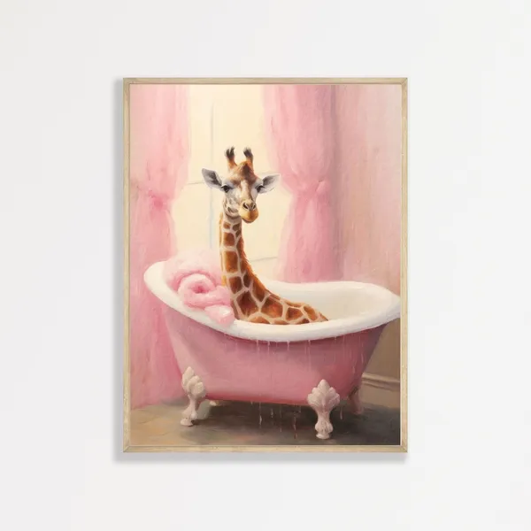 Giraffe Bathroom Retro Art Print, Nursery Decor