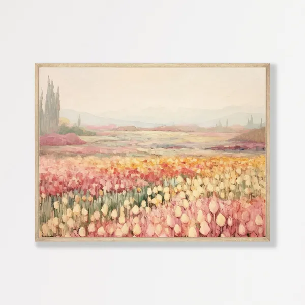 Countryside Tulip Field, Muted Pastel Landscape Art Print
