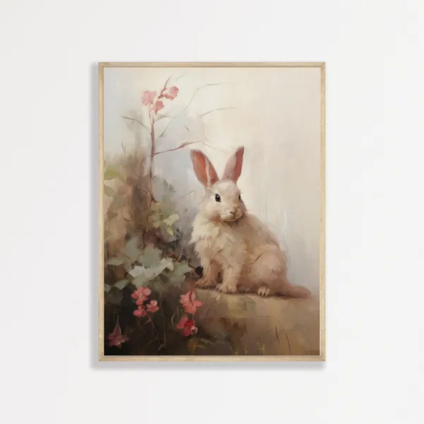 Retro Bunny Painting, Vintage Rabbit Art Print