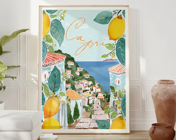 Capri Italy Lemons Travel Poster, Amalfi Coast