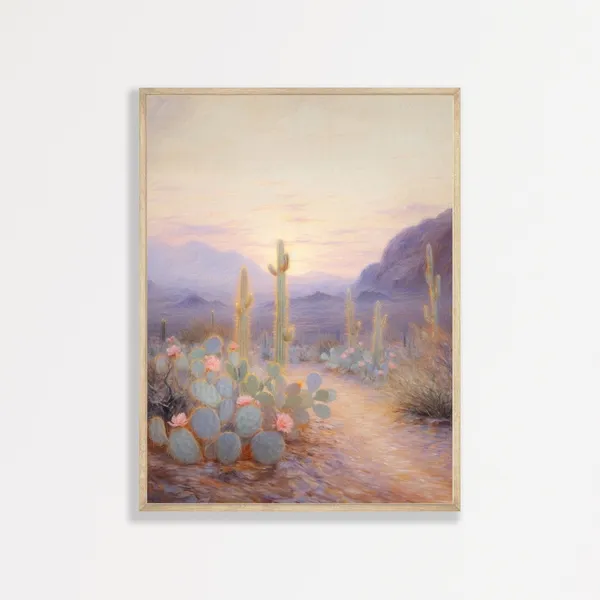 Retro Desert Cactus Landscape Art Print, Girly Aesthetic