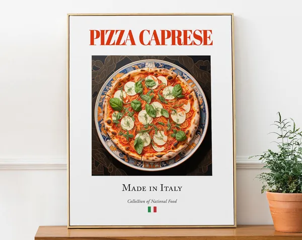 Pizza Caprese on Maiolica Tile Plate, Italian Art Print