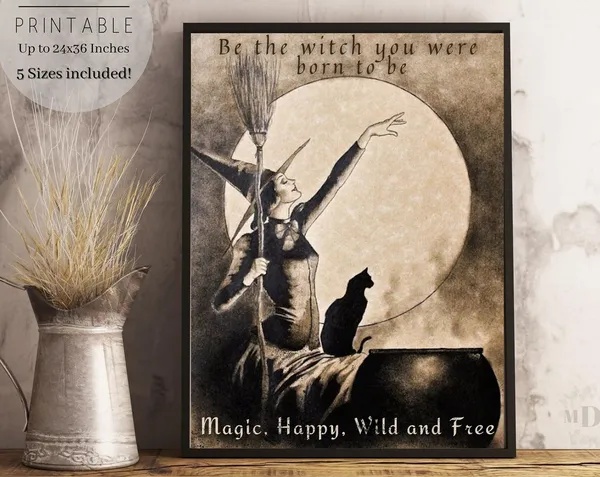 Halloween Witch Vintage Poster, Antique Book Page