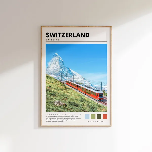 Switzerland Travel Poster, Swiss Alps Landscape