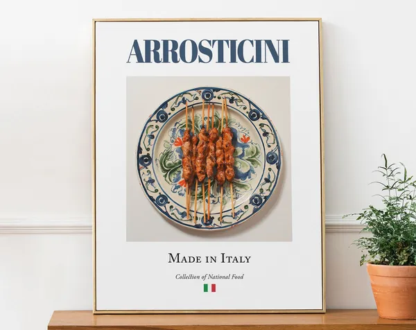 Arrosticini on Maiolica Tile Plate, Italian Food Poster
