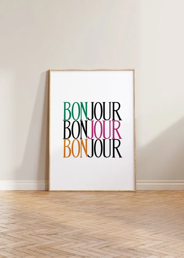 Bonjour Bold Typography Travel Poster, French Decor