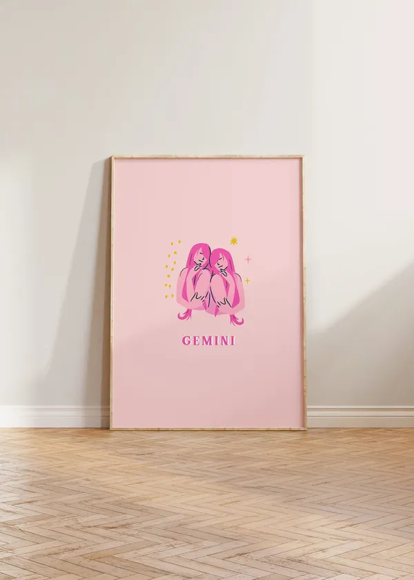Gemini Zodiac Astrology Poster Print, Pink Twins