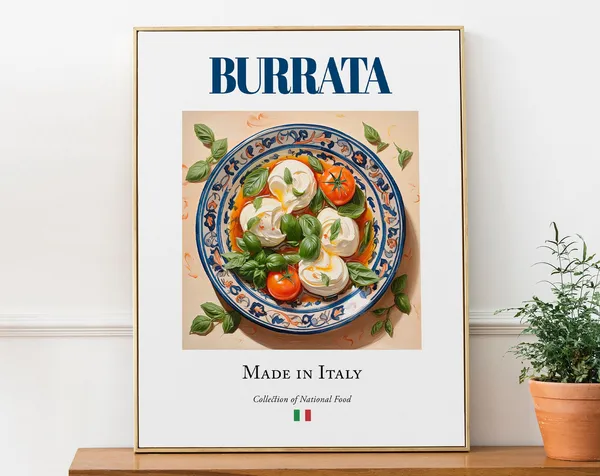 Burrata on Maiolica Tile Plate, Italian Food Poster