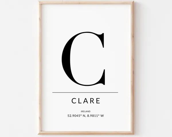 Clare Irish Travel Poster, GPS Coordinates Art Print
