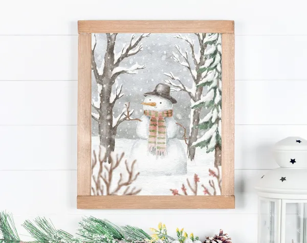Cute Snowman Winter Wonderland Art Print, Watercolor