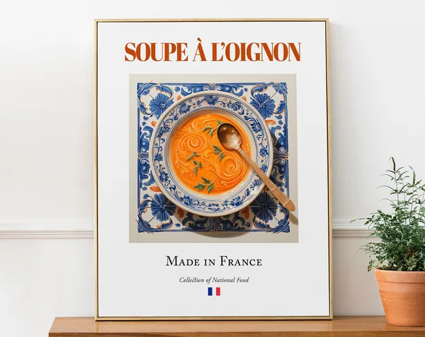 Soupe Loignon on Maiolica Tile Plate, French Food Poster