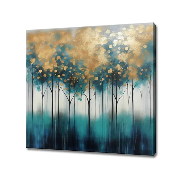 Abstract Teal Gold Forest Trees Landscape Art Print
