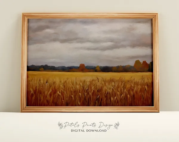 Vintage Corn Field Landscape Art Print, Rustic Autumn