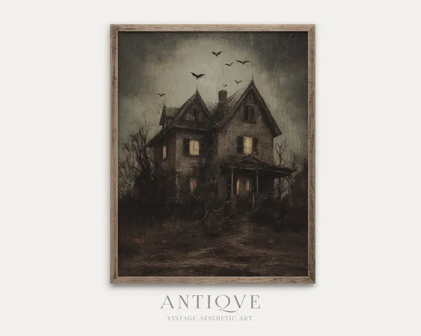 Black Spooky House, Goth Halloween Art Print